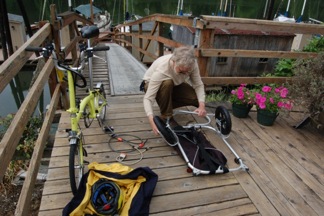 Unfolding bike cart to go get berries & peas