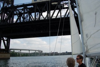 After trains pass, bridge is raised for our sailboat