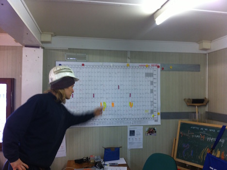 Timbercoast's Dexter points out scheduling details - photo Jan Lundberg