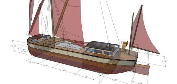 Ceres has three cargo holds and has a cargo capacity of about 13 tons.  She draws less than 2 feet fully laden, has a hinged mast to pass under low bridges, and an integral sprit crane for handling bulk cargo.